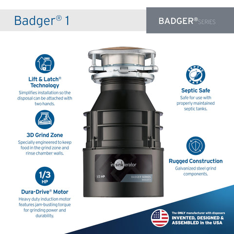 InSinkErator Badger 1 with lift and latch simplifies sink installation.