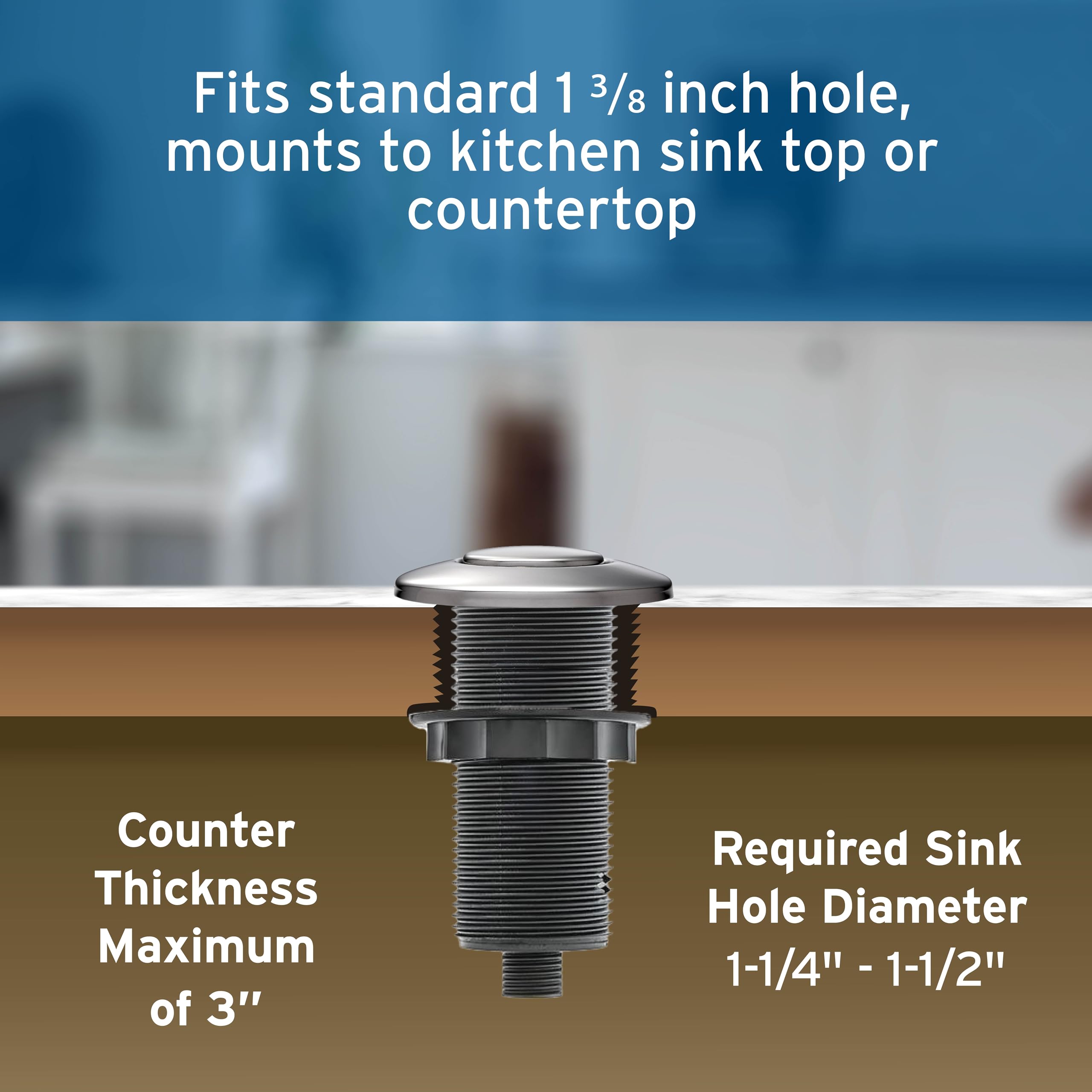 InSinkErator chrome button detail highlights premium hardware finishes.