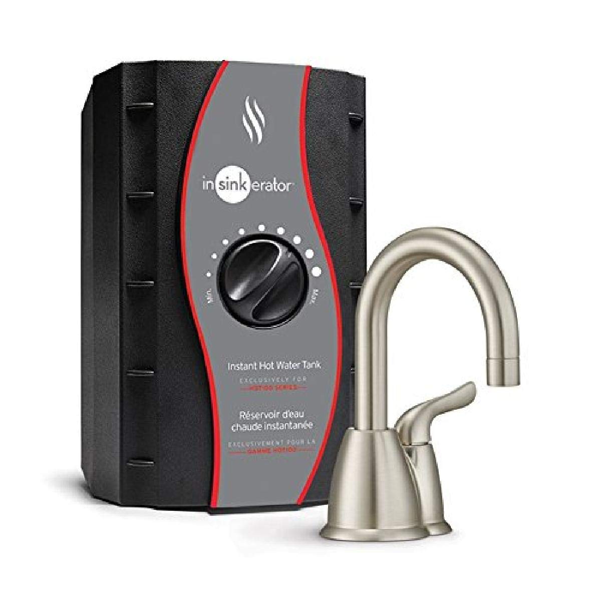InSinkErator HOT150 satin nickel faucet dispensing near-boiling water for coffee.