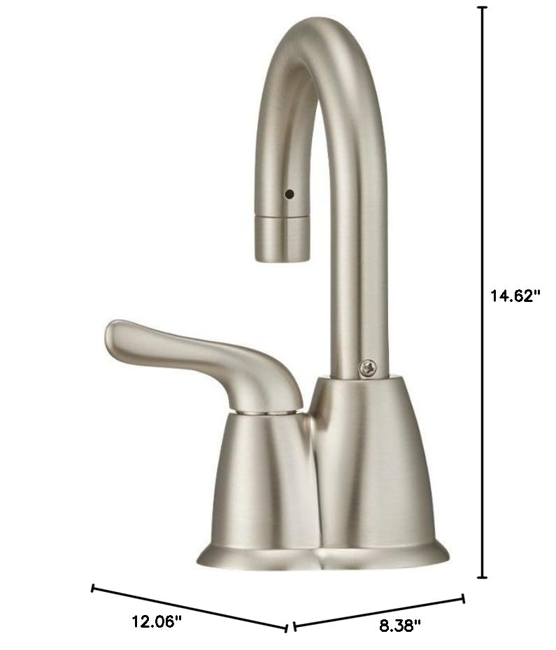 Satin nickel finish faucet complements a modern kitchen aesthetic.