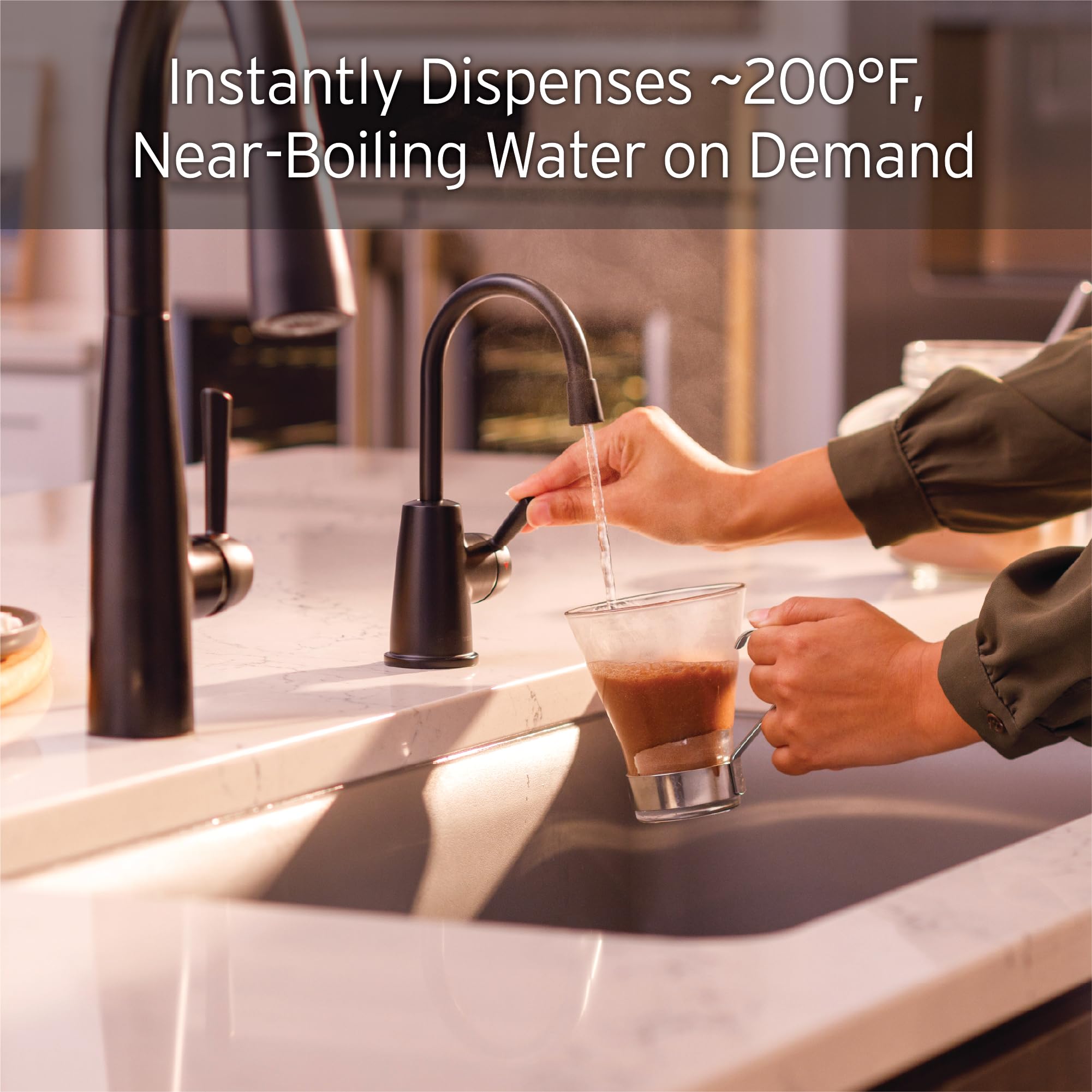 InSinkErator HOT250 360-degree swivel spout for flexible reach at the sink.