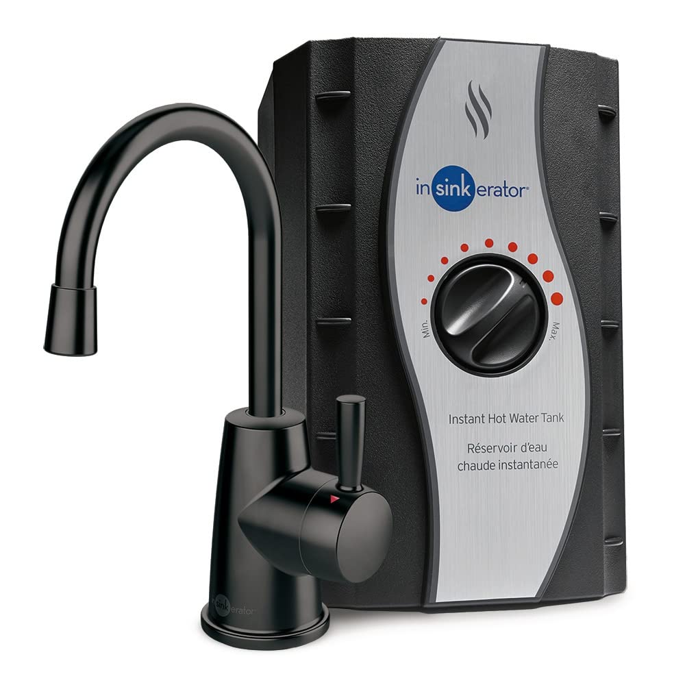 InSinkErator HOT250 matte black faucet dispenses near-boiling water at the sink.