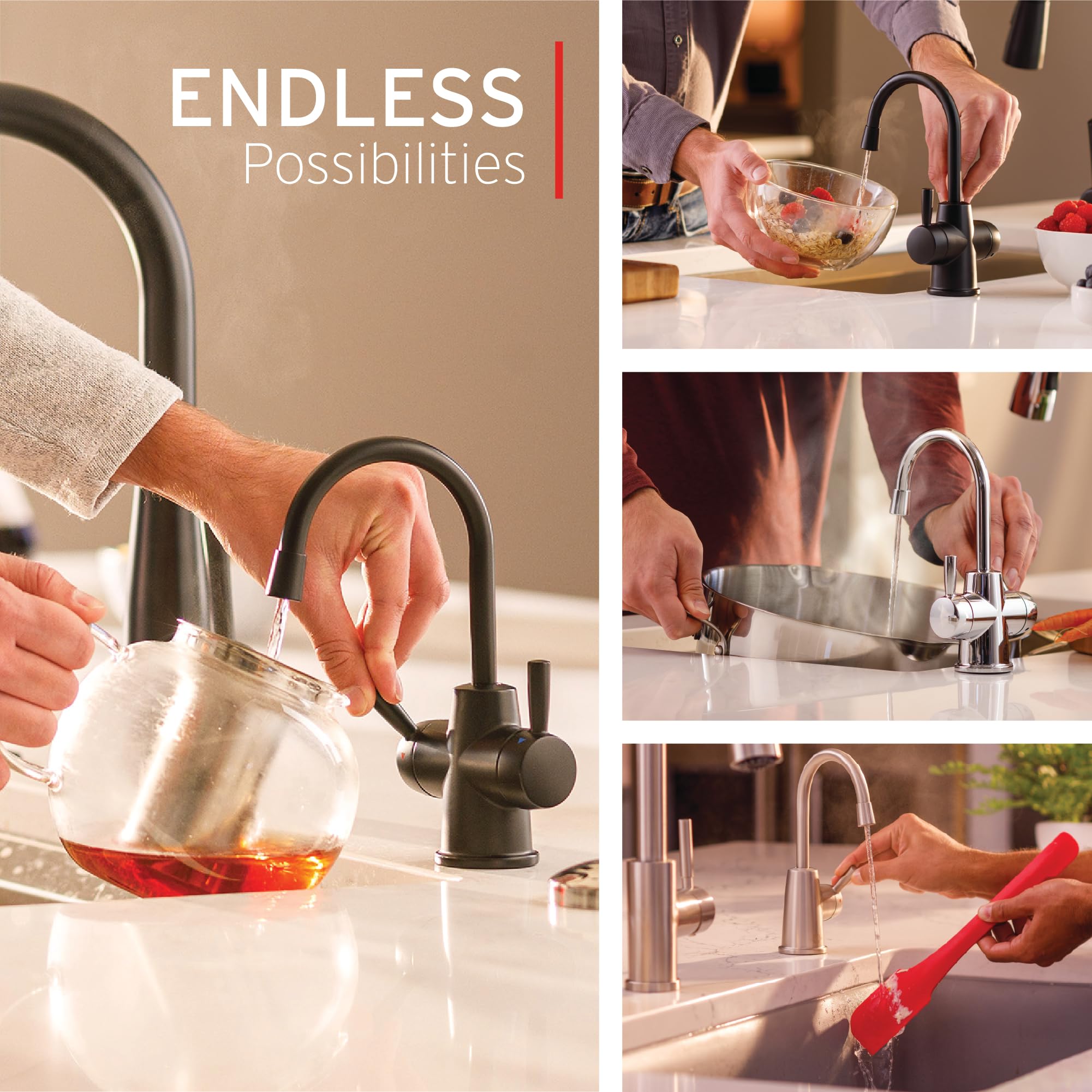 InSinkErator HOT250 pull-forward handle keeps hot water safely away from backsplashes.
