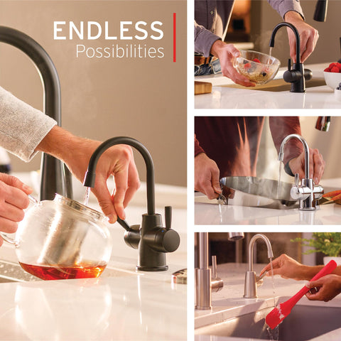 InSinkErator HOT250 pull-forward handle keeps hot water safely away from backsplashes.