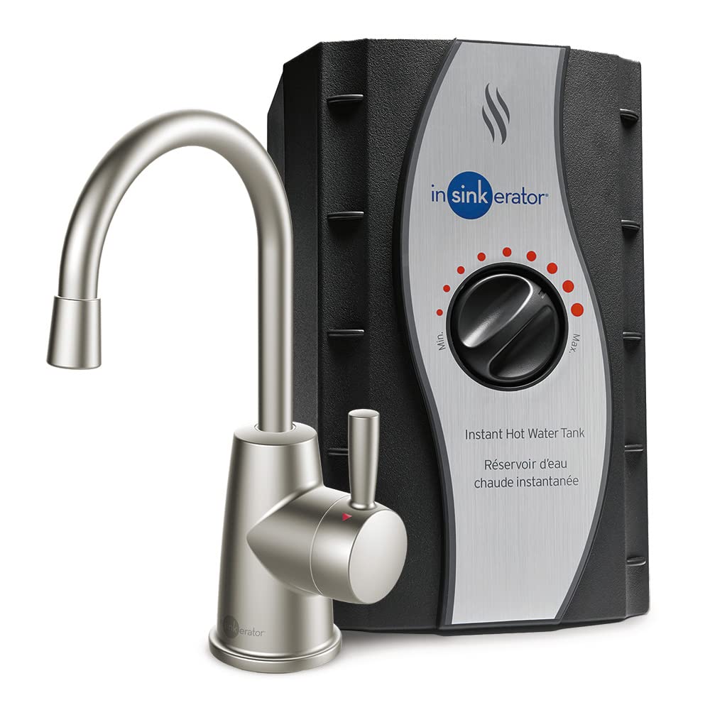 InSinkErator HOT250 satin nickel faucet front view, instant hot water at hand for quick prep.