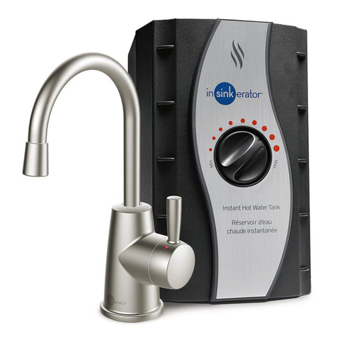 InSinkErator HOT250 satin nickel faucet front view, instant hot water at hand for quick prep.
