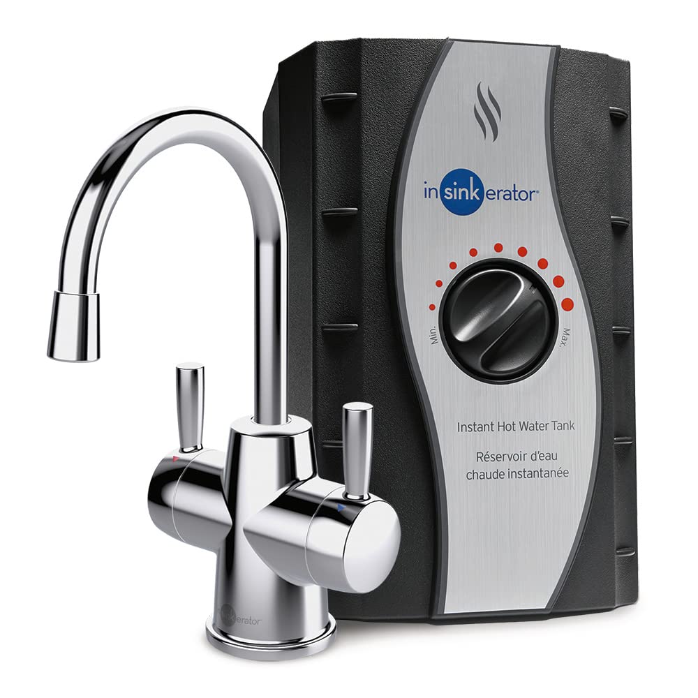 InSinkErator HOT250 stainless steel tank shown under the sink for near boiling water