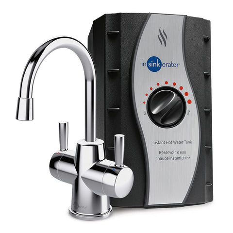 InSinkErator HOT250 stainless steel tank shown under the sink for near boiling water