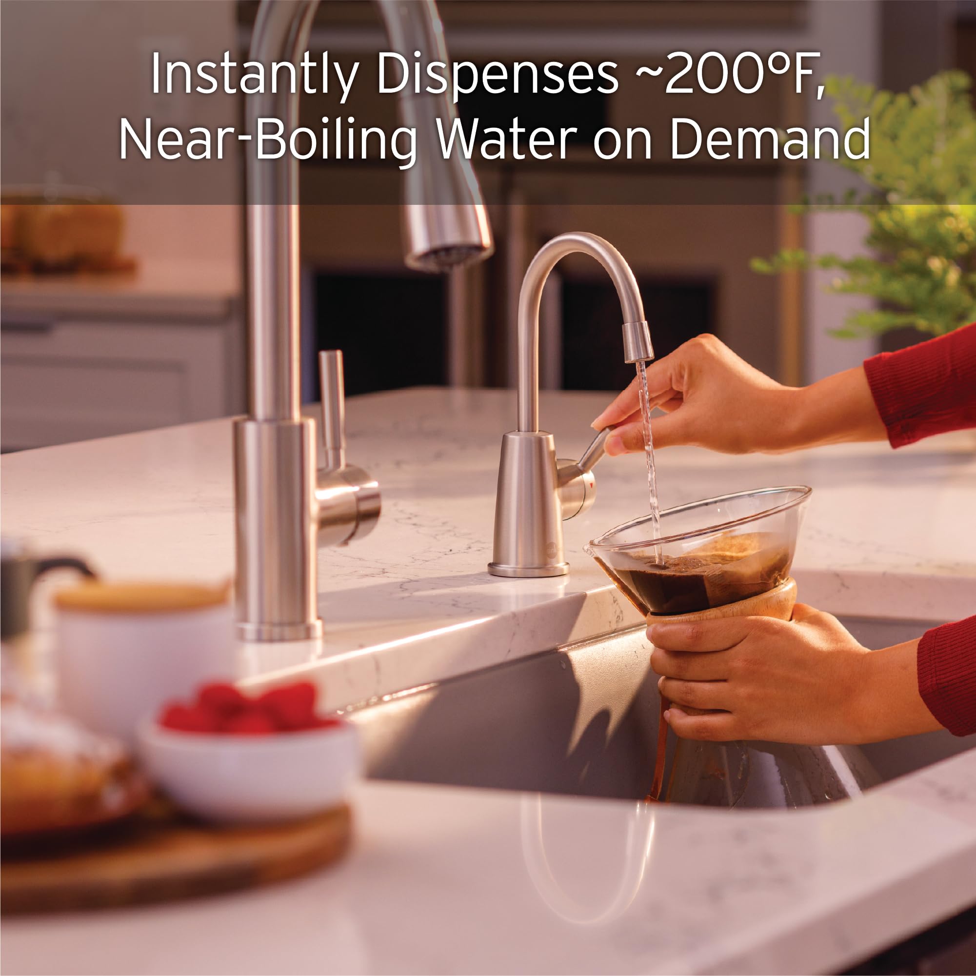 InSinkErator HOT250 tank close-up showing stainless steel surface and capacity.