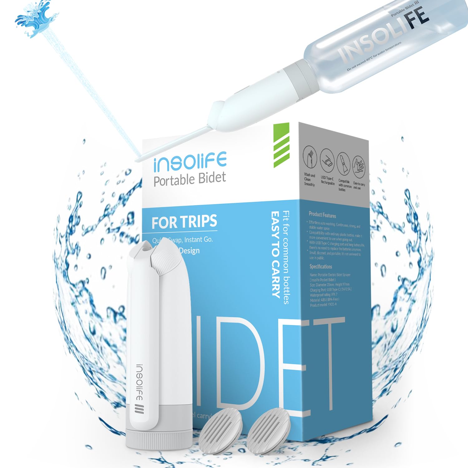 Insolife portable bidet with three-nozzle system for customizable cleaning on the go