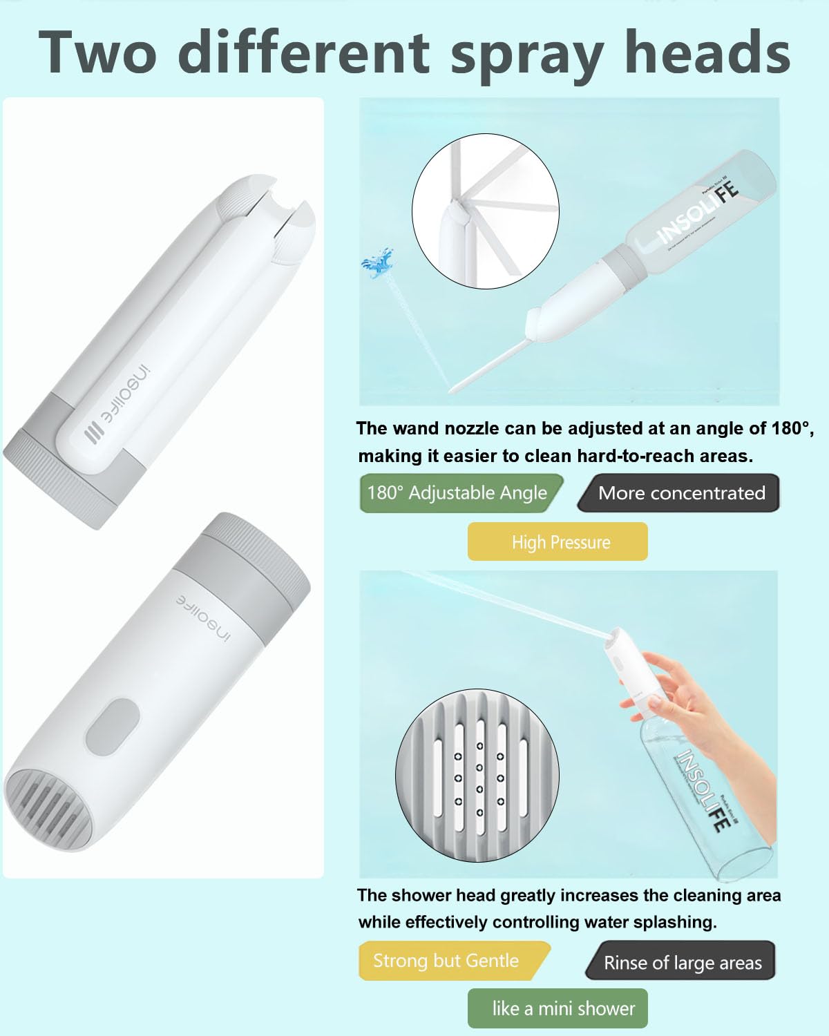 Insolife portable bidet showing two nozzles for versatile cleansing