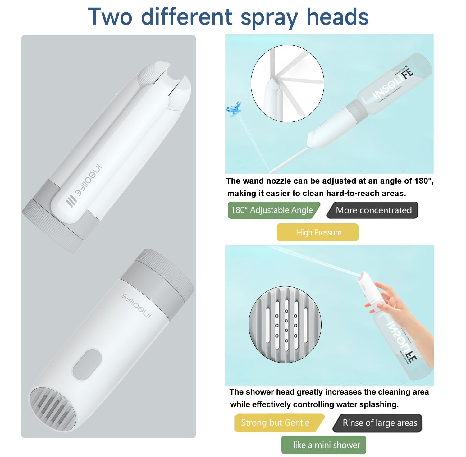 Insolife portable bidet wand nozzle demonstrates high-pressure cleaning option