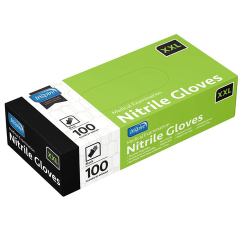 Inspire Black Nitrile Gloves box contents visible for bulk ordering.