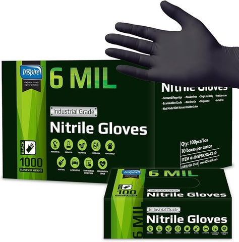Inspire Black Nitrile Gloves in box for heavy-duty tasks and durability