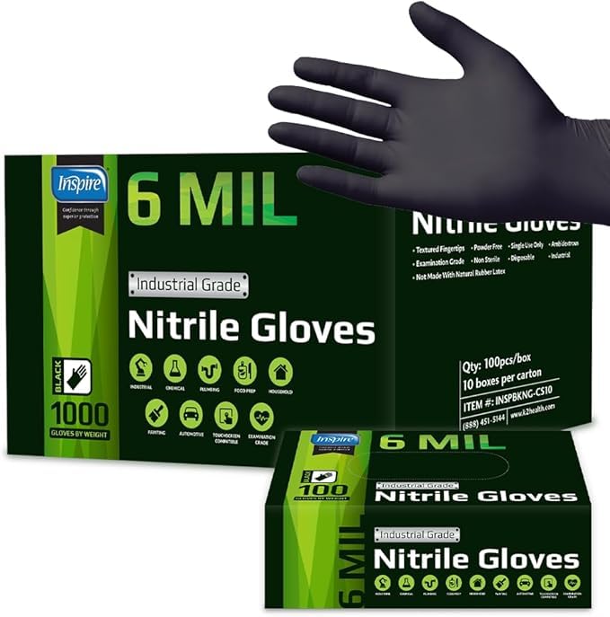 Inspire Black Nitrile Gloves heavy-duty box ready for medical and industrial tasks.