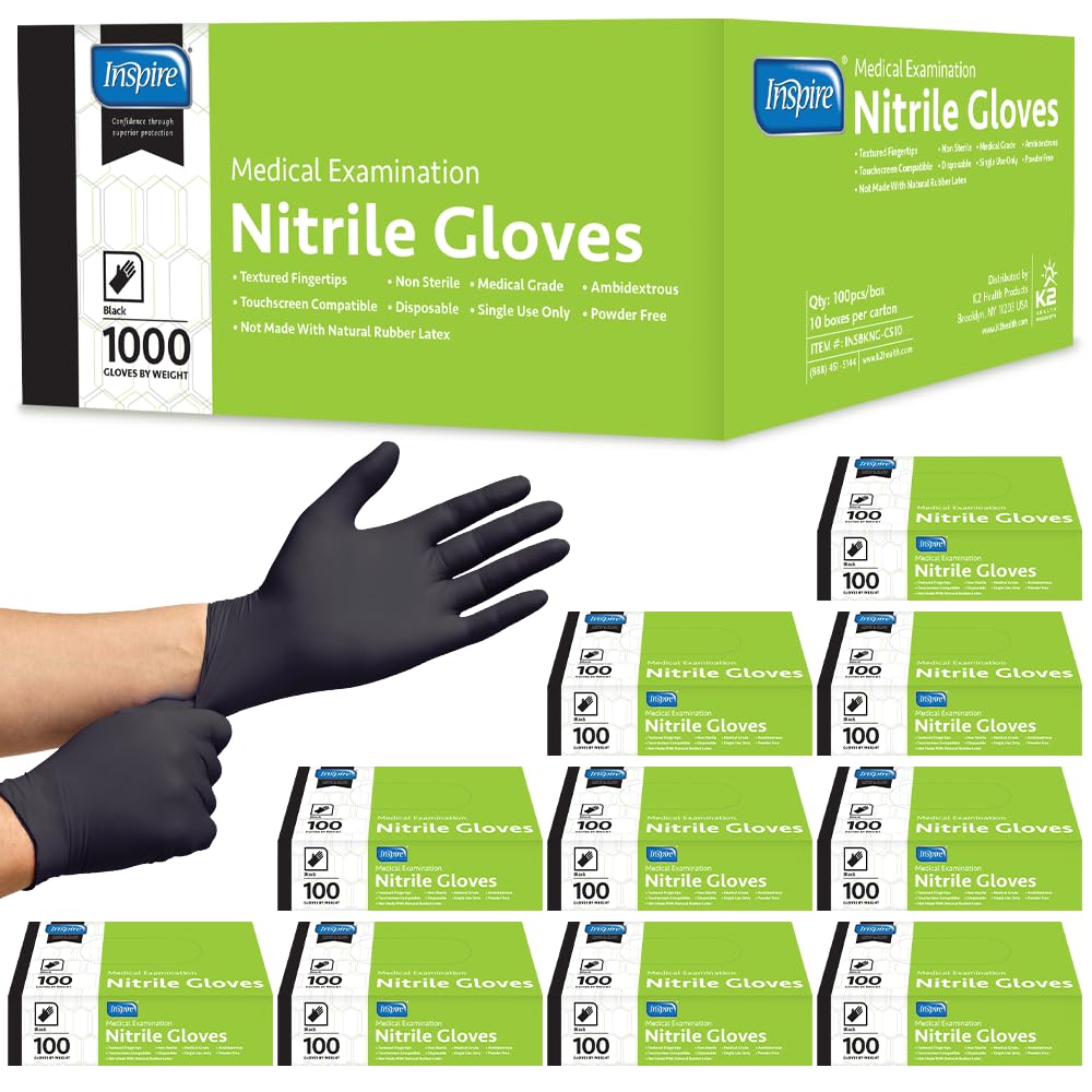 Inspire Black Nitrile Gloves front view showing original quality and durability