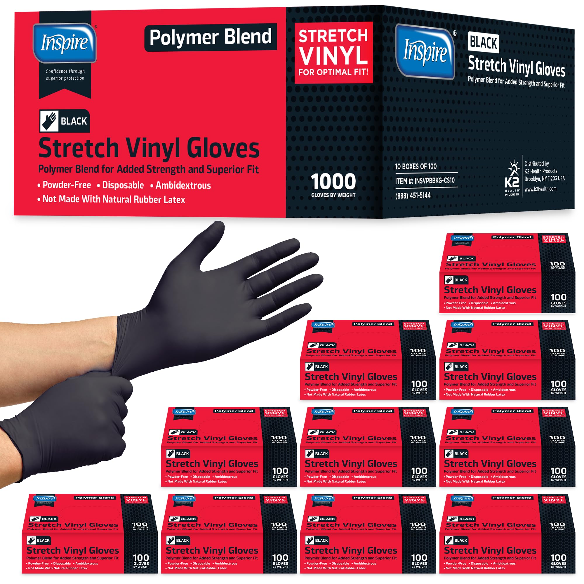 Inspire Black Nitrile Gloves pack front showing latex-free durability for daily tasks