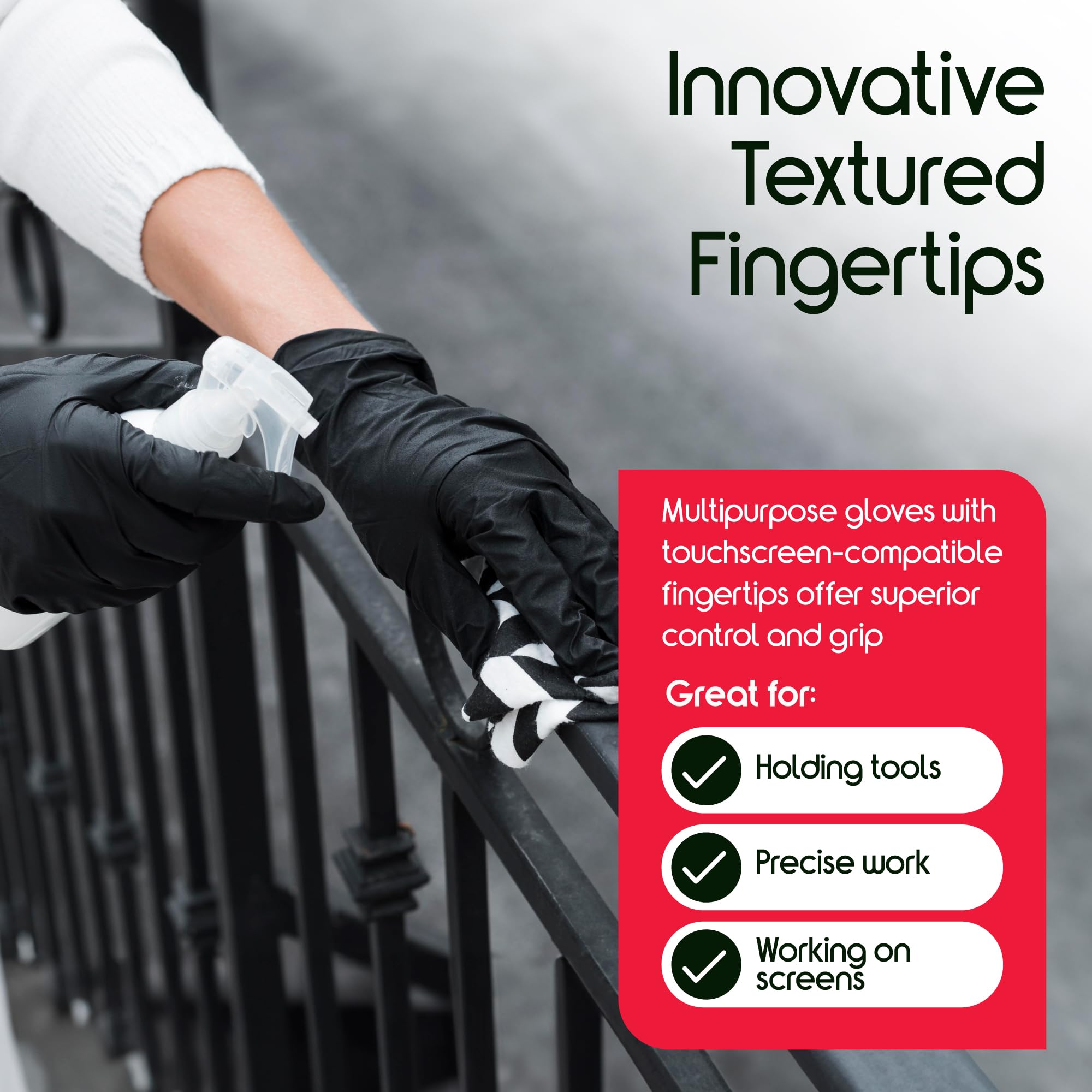 Inspire Black Nitrile Gloves texture close-up highlighting stretch fit and dexterity