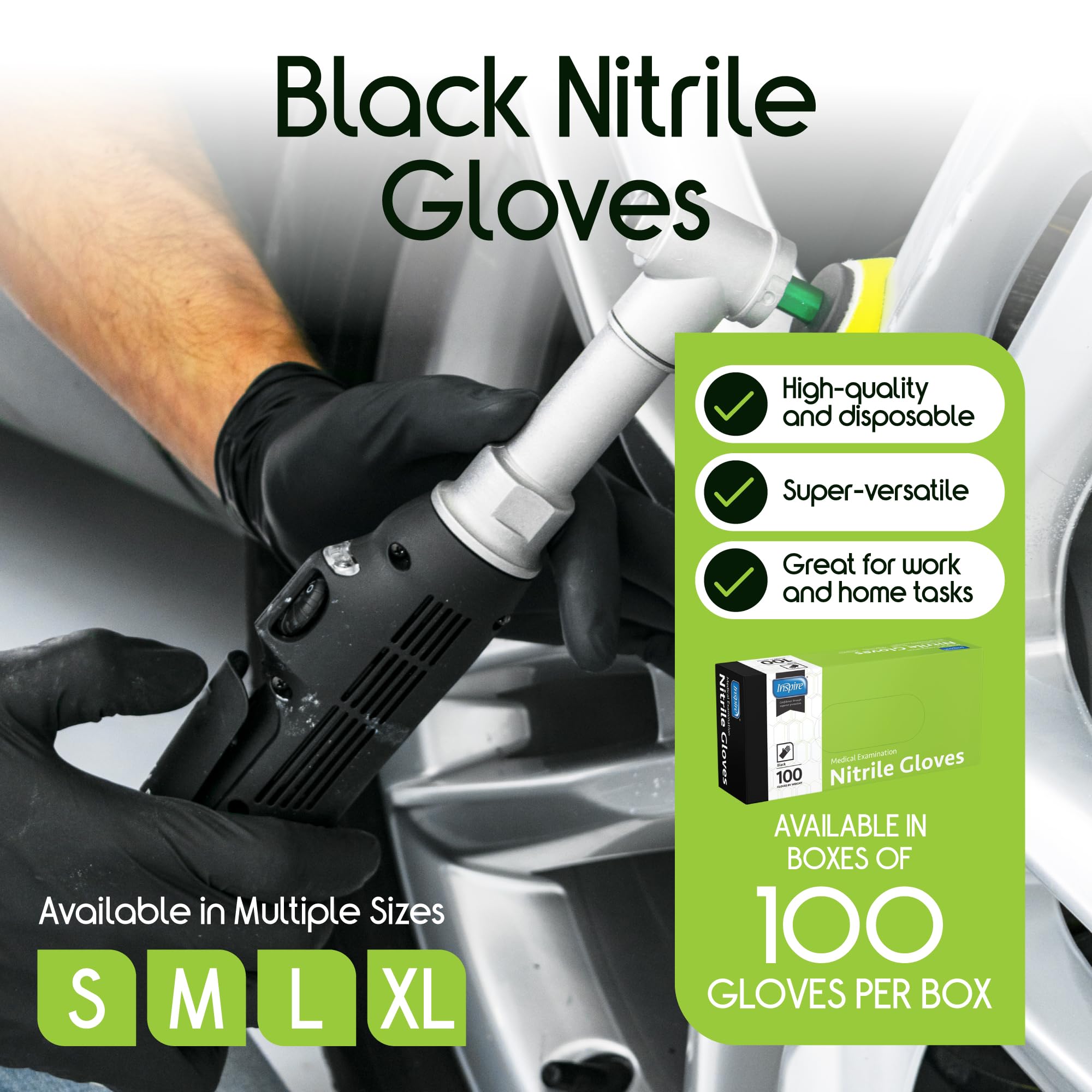 Inspire Black Nitrile Gloves with textured fingertips for better grip.