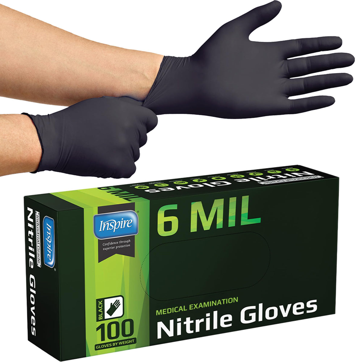 Inspire heavy-duty black nitrile gloves, box of 100, small size, multipurpose use.