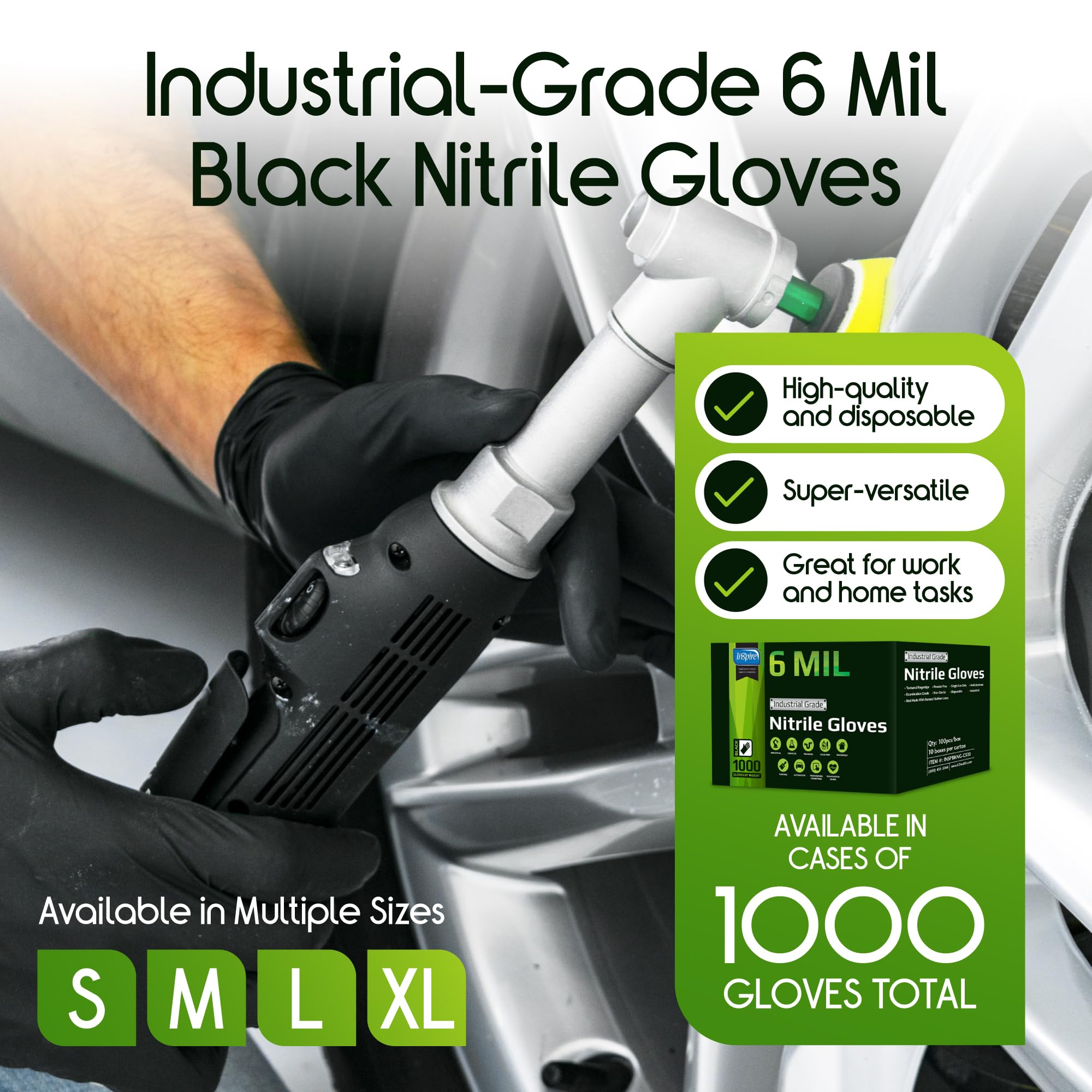 Inspire gloves black nitrile on hand showing tactile dexterity.