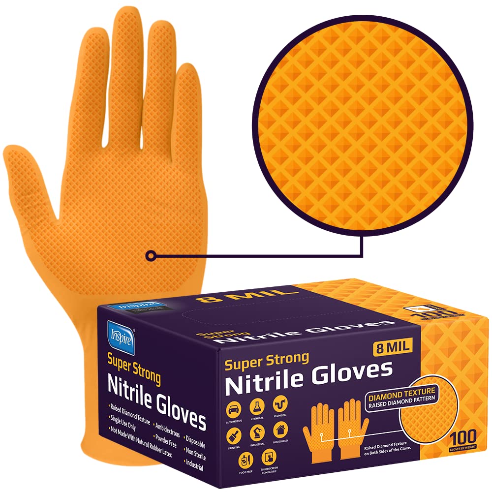 Inspire heavy-duty gloves: orange 8mil texture for tough task protection