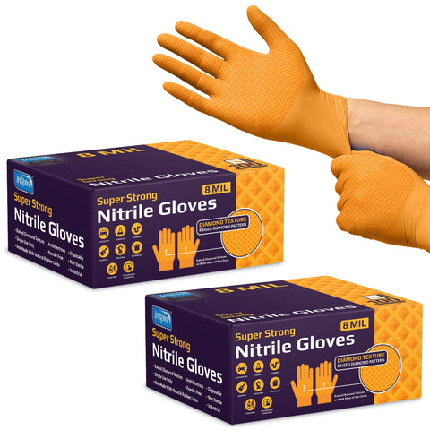 Inspire heavy-duty orange nitrile gloves with 8mil diamond texture for rugged grip.