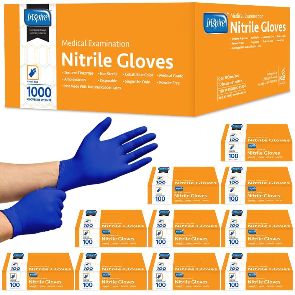 Inspire Nitrile Gloves cobalt blue box front shows professional protection.
