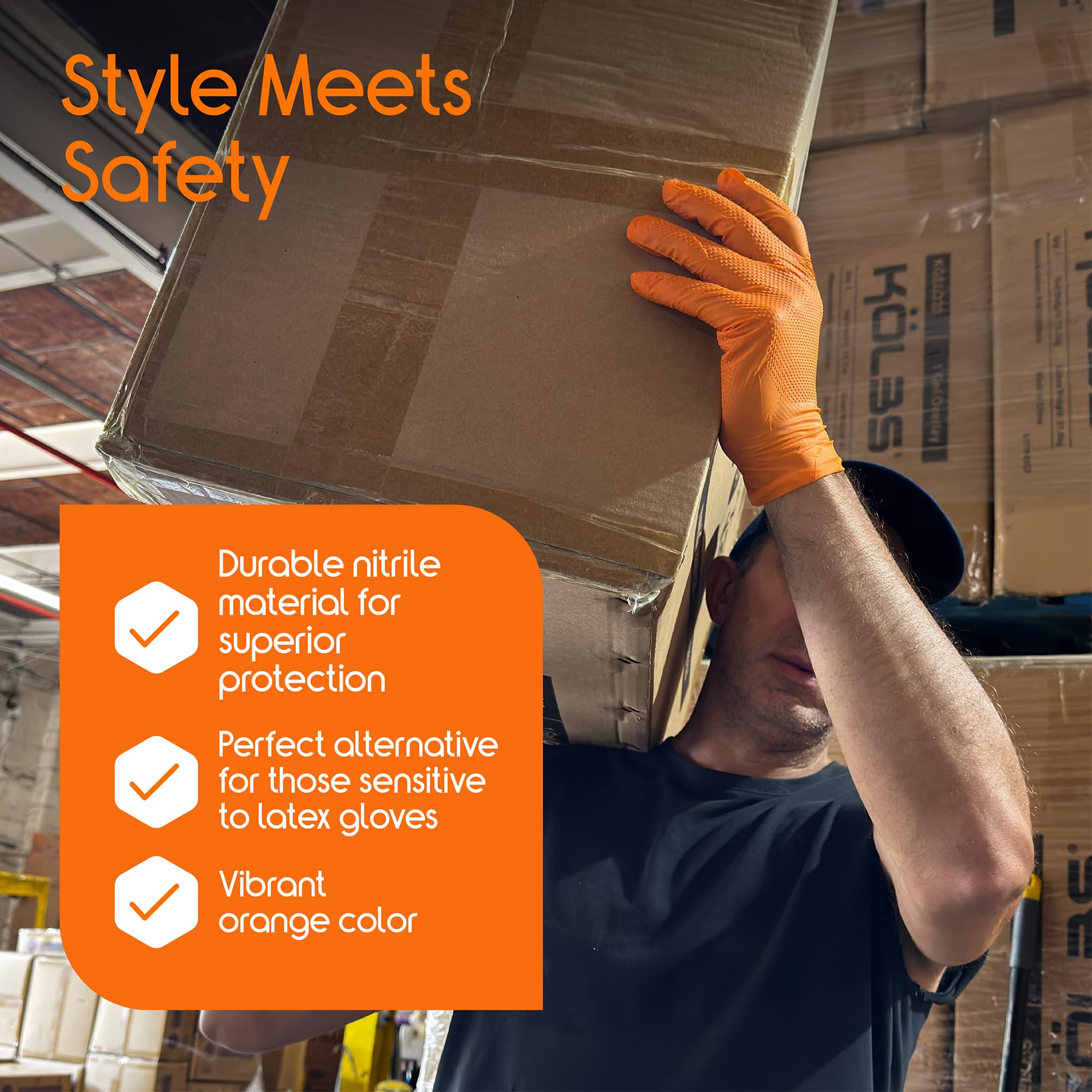 Inspire orange nitrile glove close-up shows diamond texture for enhanced grip in slippery work.