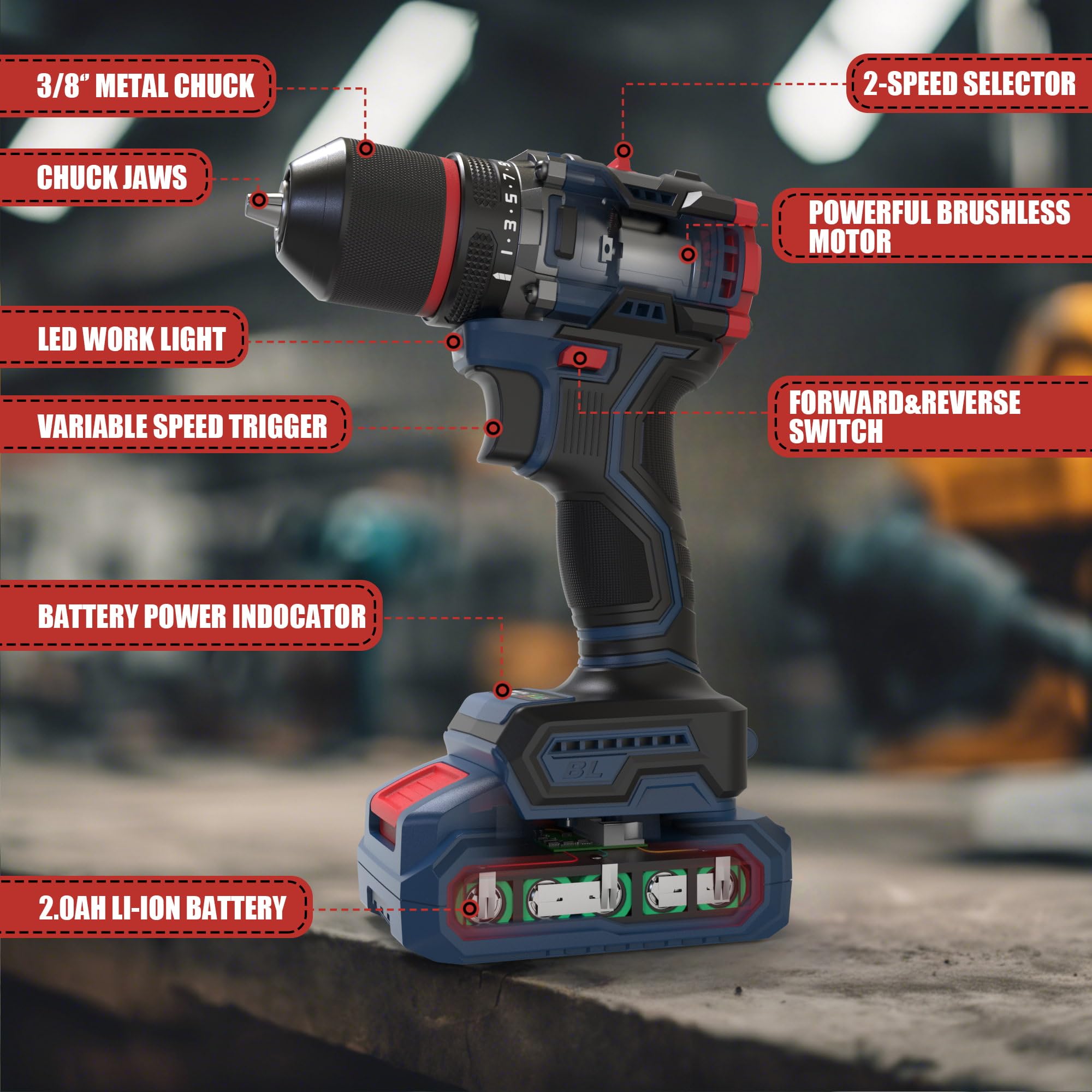INSPIRITECH drill with two 2.0Ah batteries for continuous work