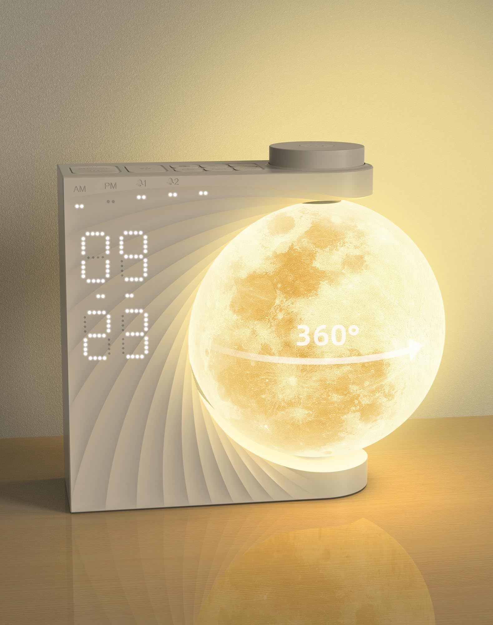 INSSISAIN sunrise alarm clock with 360-degree moon lamp spins gently for a natural dawn.