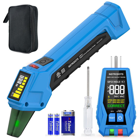 Instrodots CBF01 transmitter performing a GFCI test with clear indicators.