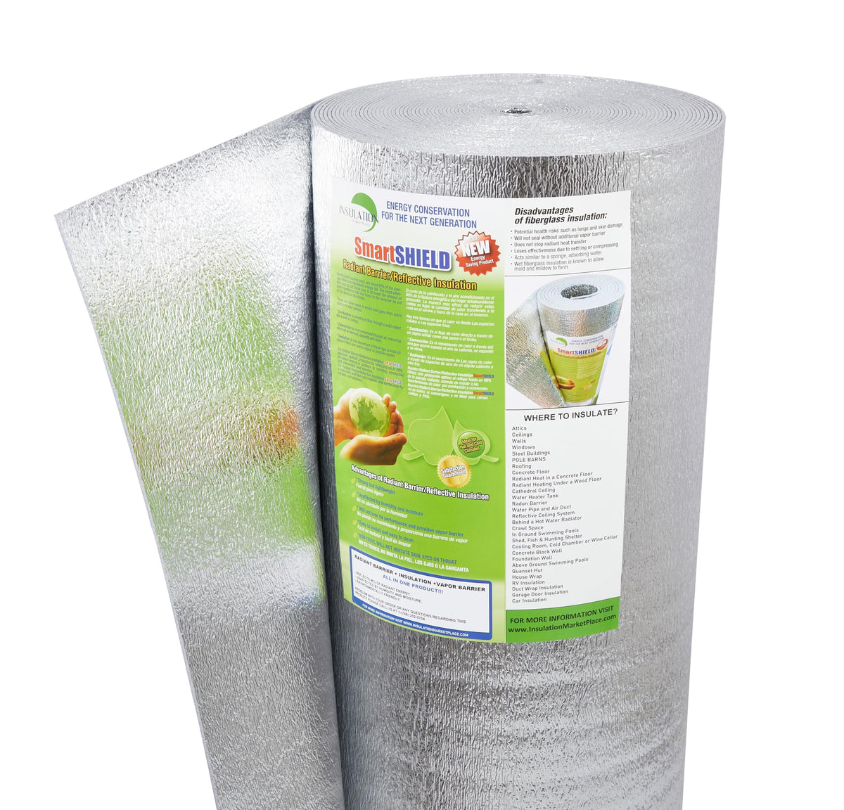 INSULATION MARKETPLACE SmartSHIELD 3mm radiant barrier roll viewed in roll view for heat reflection.