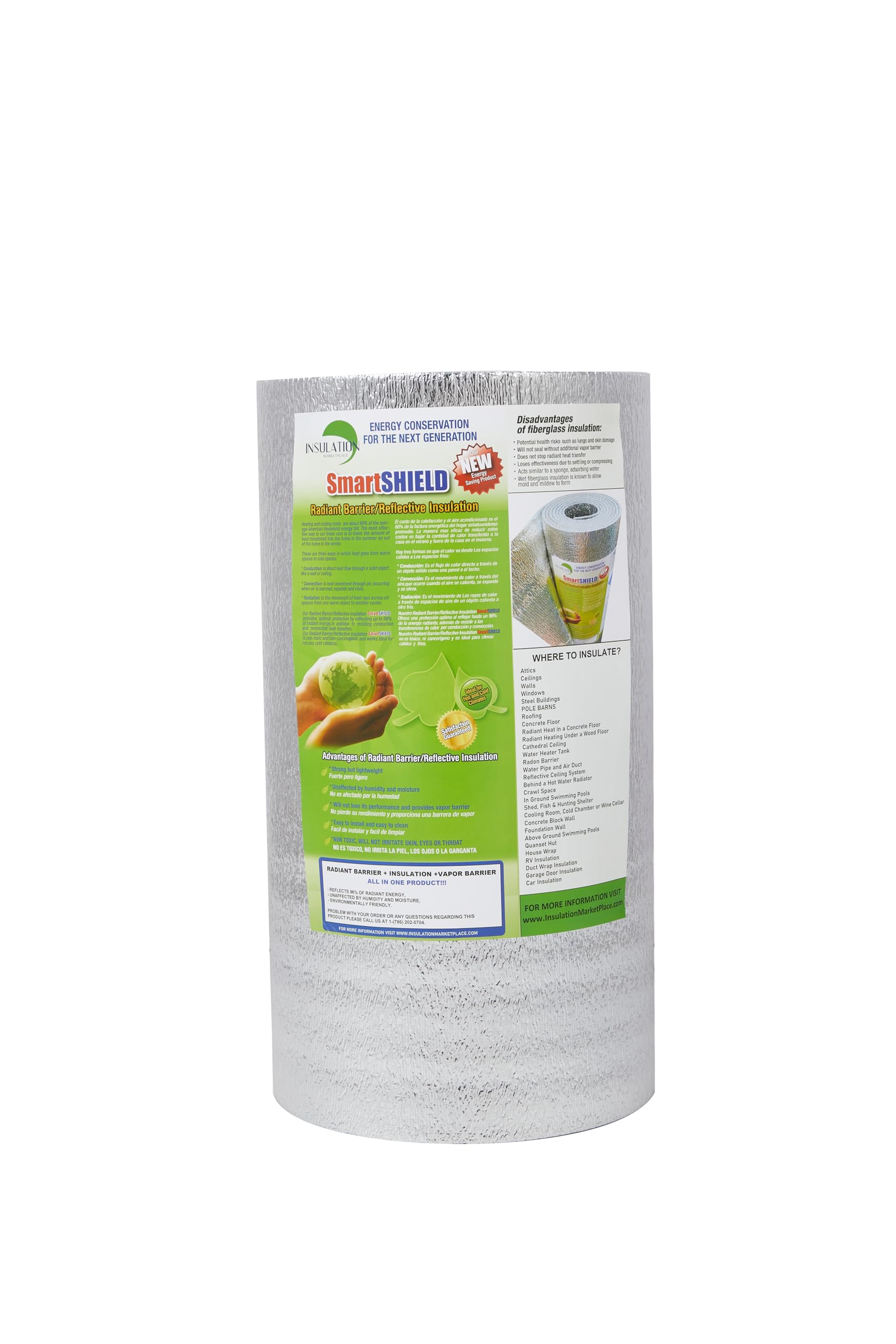 Insulation Marketplace SmartSHIELD roll showing aluminum face for radiant barrier and easy cutting.