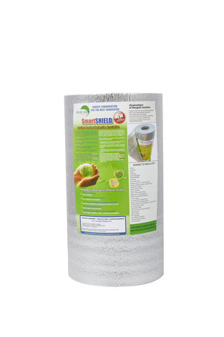 Insulation Marketplace SmartSHIELD roll showing aluminum face for radiant barrier and easy cutting.