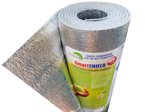 Insulation Marketplace SmartSHIELD closeup of foil roll showing radiant reflectivity for energy efficiency.