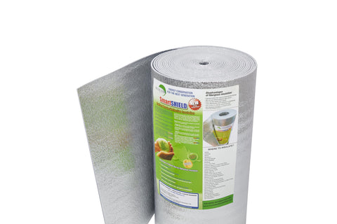 Insulation Marketplace SmartSHIELD aluminum-faced sheet on a duct for wrap installation.