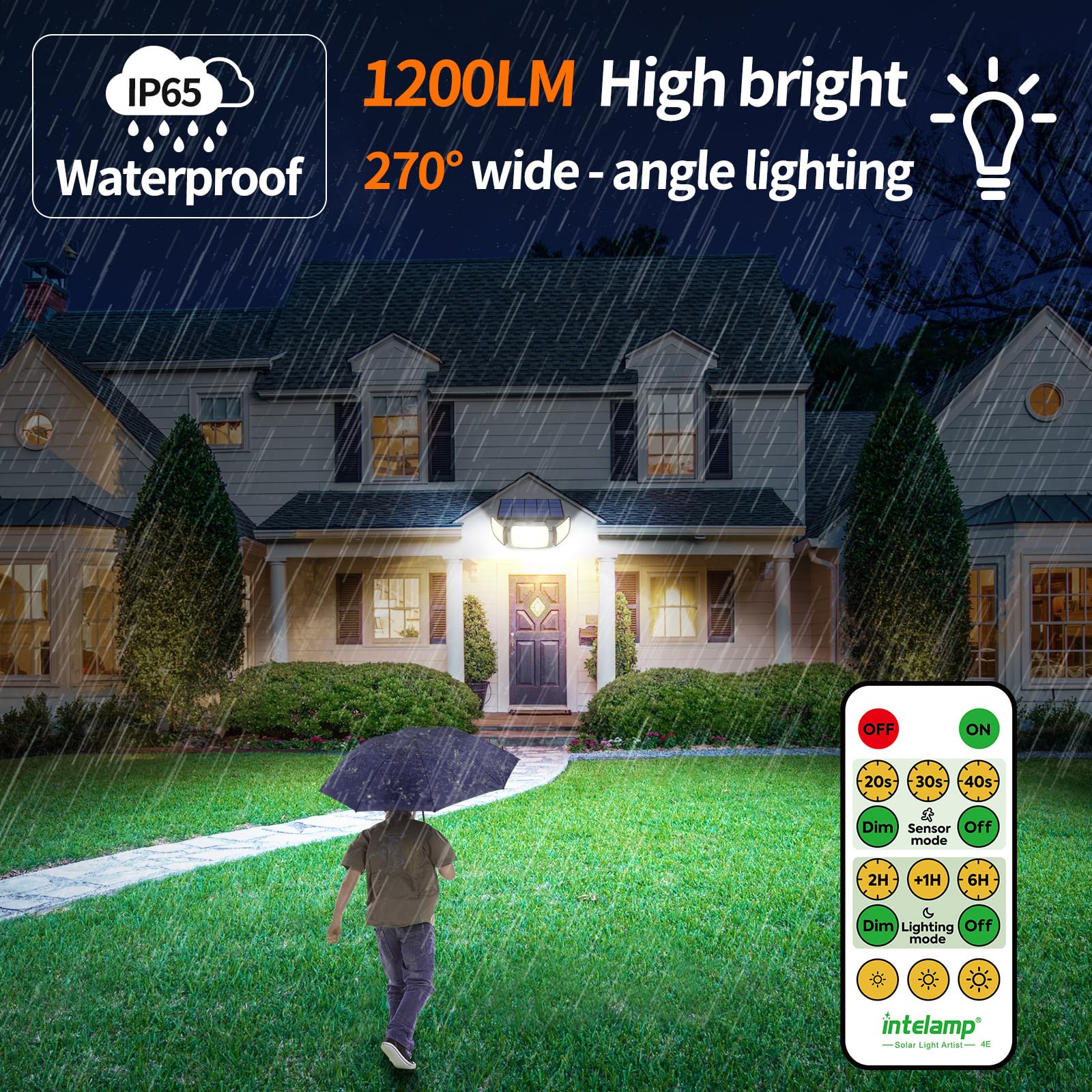 Intelamp three head light angle showing wide reach in yard