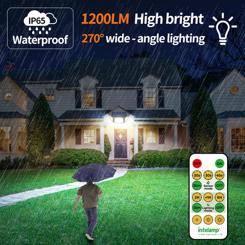 Intelamp three head light angle showing wide reach in yard