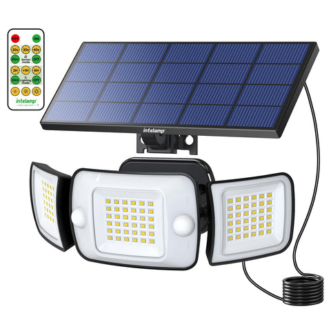 Intelamp outdoor solar lights 3-head motion sensor illuminate driveways with wide coverage.