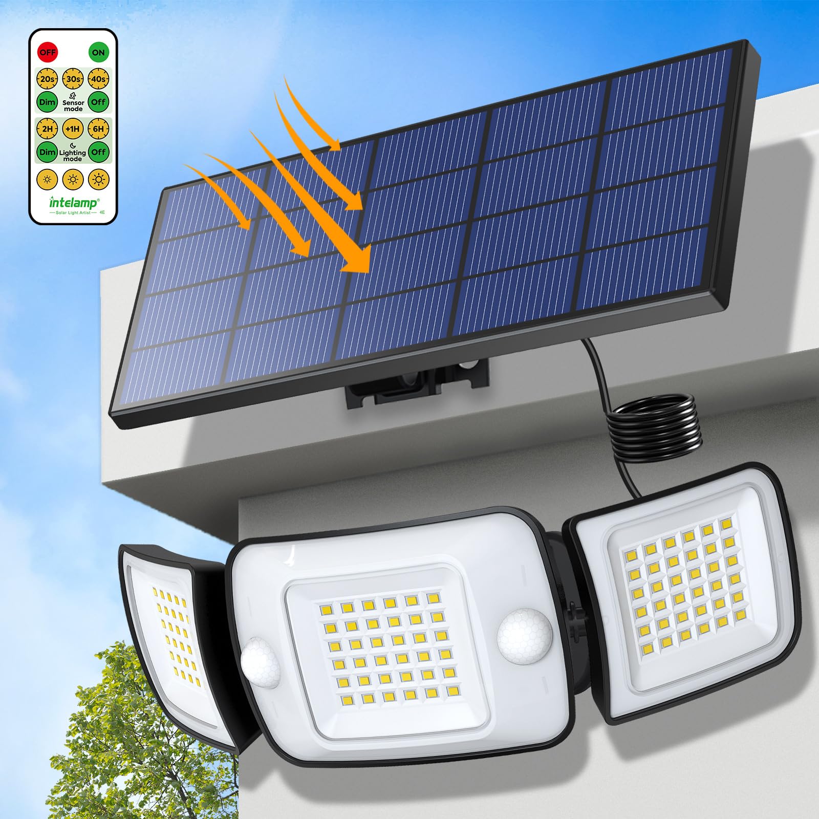 Intelamp solar flood light front view with wide 270-degree coverage for driveways.