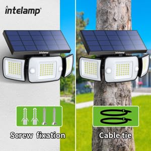 Intelamp solar flood light installed in garden and patio for ambient lighting.
