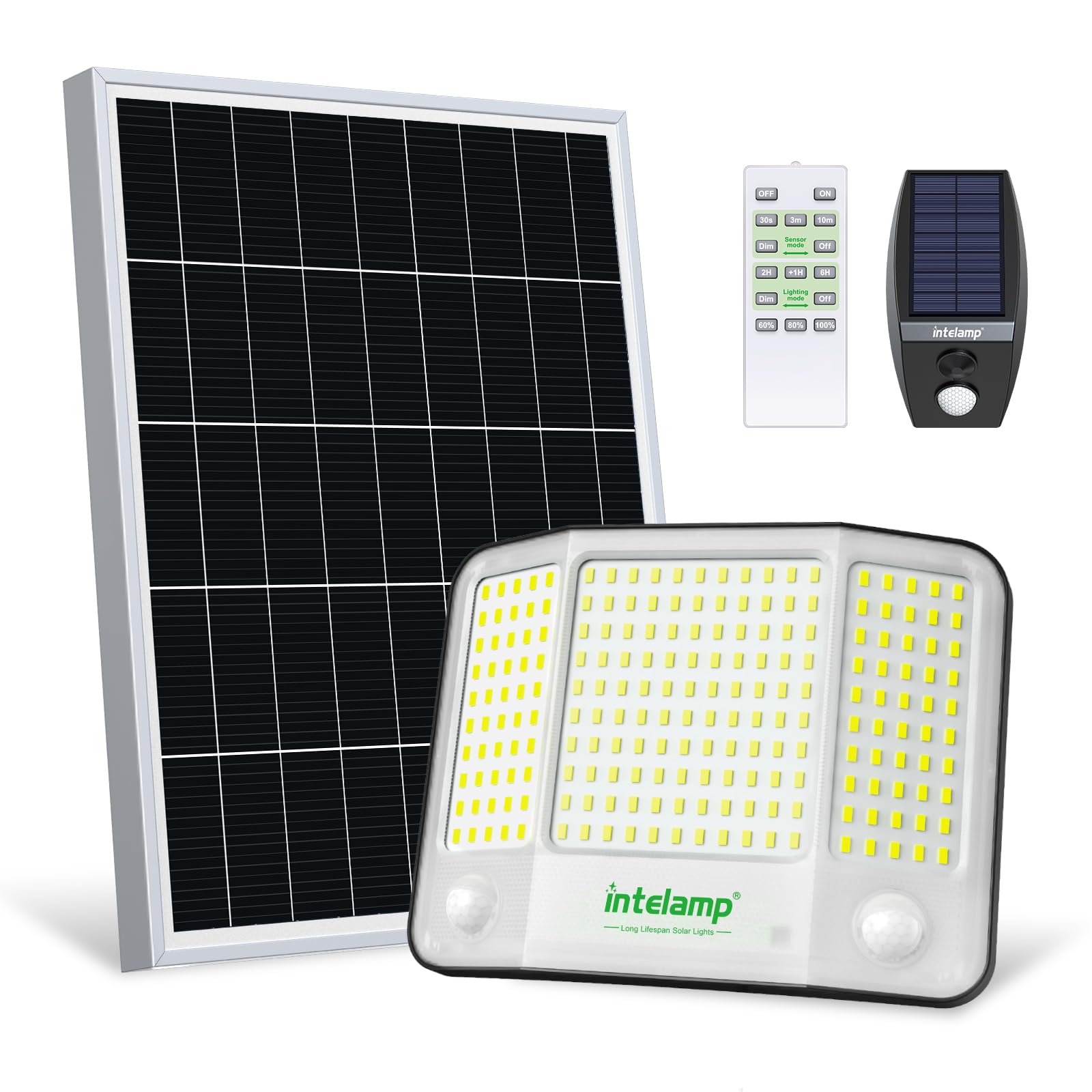 Intelamp solar flood light outdoors with 180-degree coverage brightening steps and yard