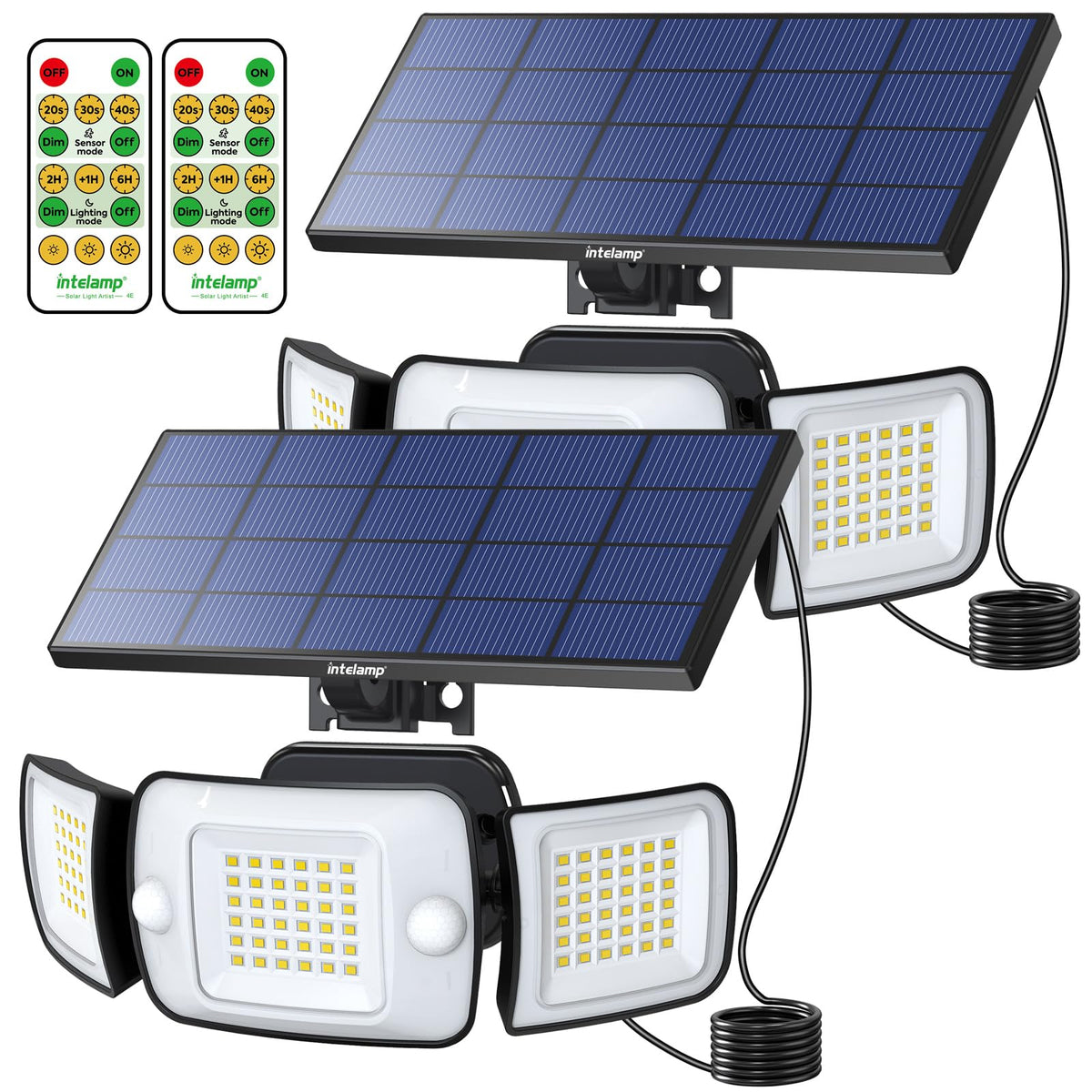 Intelamp three-head outdoor solar lights, front view, with motion sensing for security.
