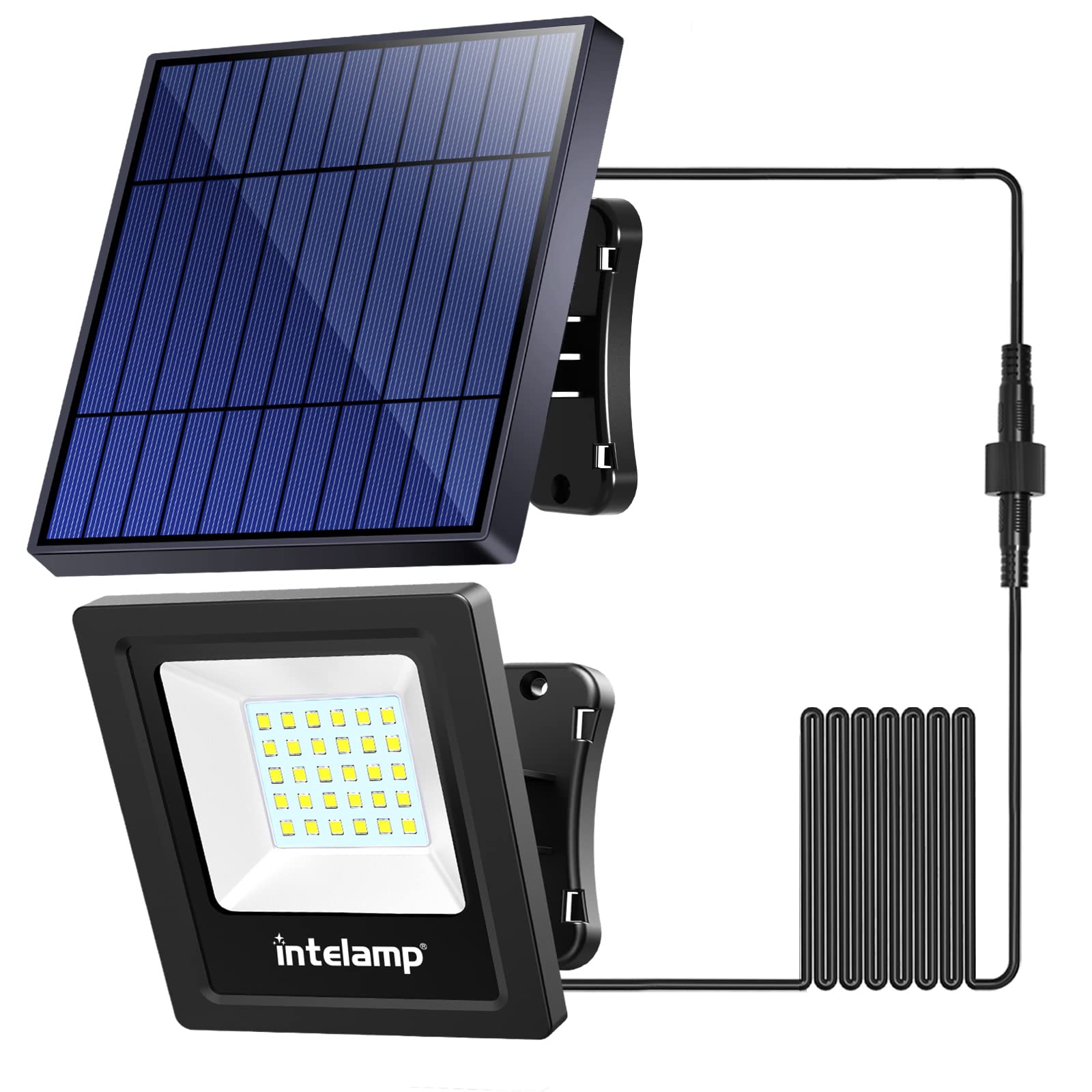 Intelamp solar flood light front view shows broad brightness for outdoor paths and entrances