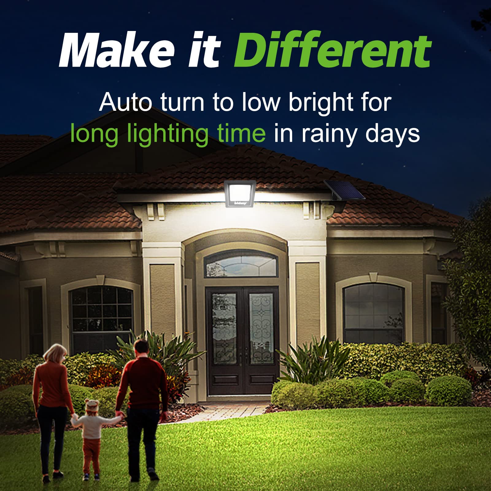 Intelamp solar flood light side view suitable for yards and patios at night