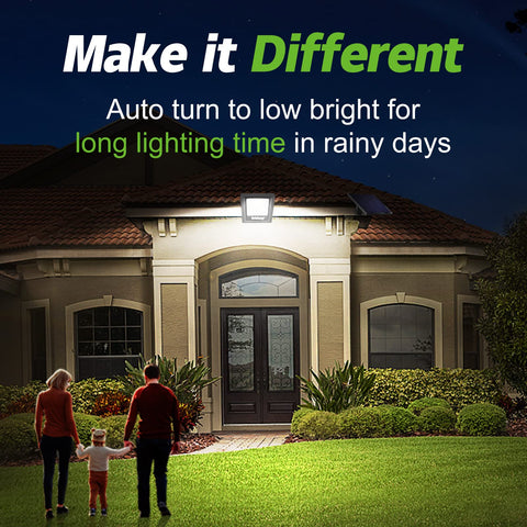 Intelamp solar flood light side view suitable for yards and patios at night