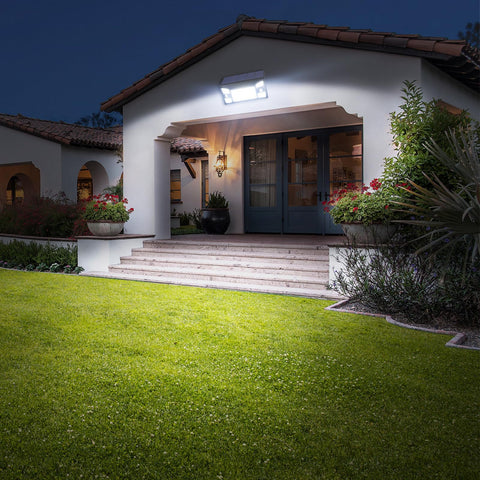 Intelamp solar flood light dusk-to-dawn view for all-night lighting.