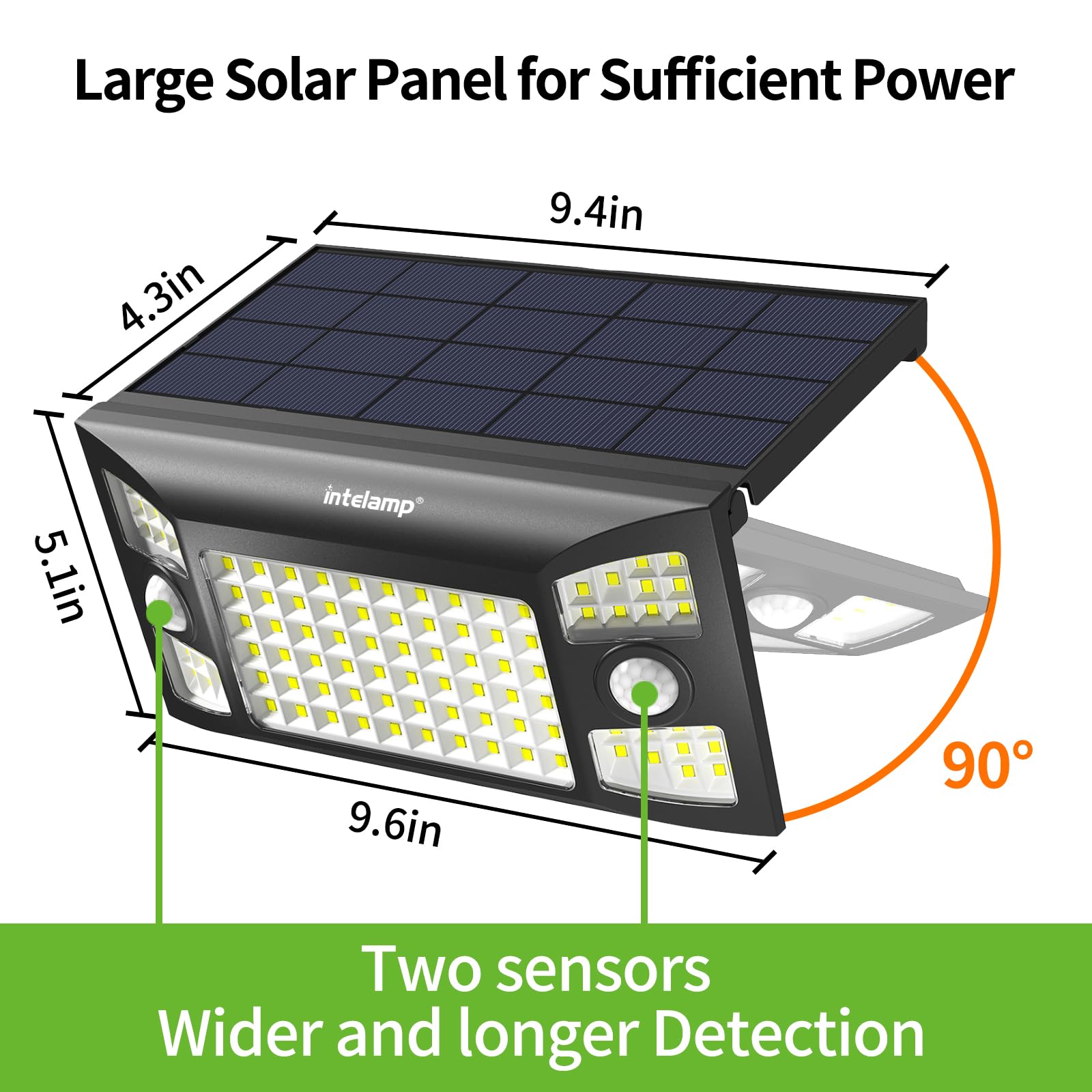 Intelamp solar flood light panel-angled view maximizing sun exposure.