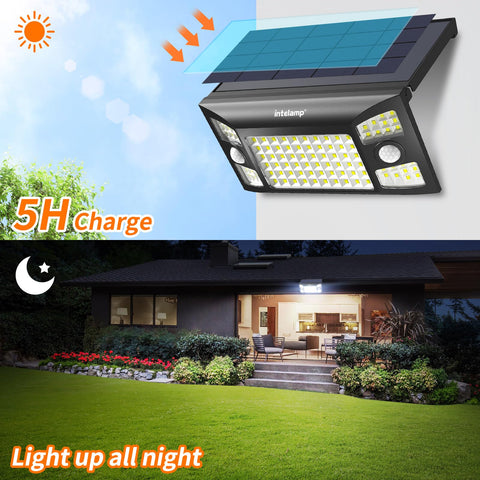 Intelamp solar flood light side angle with adjustable head for precise lighting.